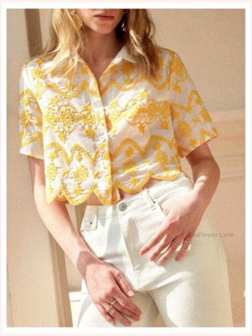 Short Sleeve Button Down Crop Blouse with Floral Embroidery - Picture 4 of 6